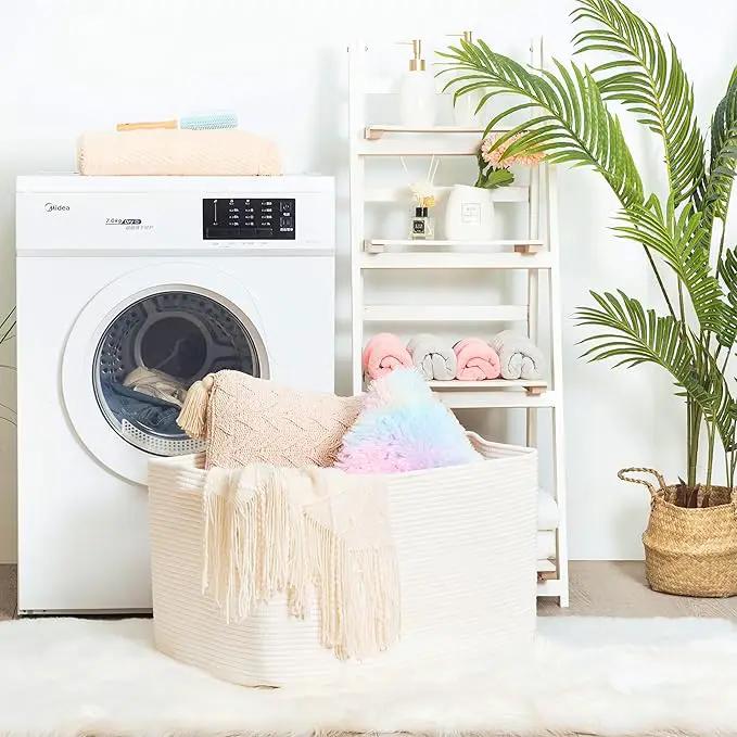 MINTWOOD Design 22in Extra Large Blanket Basket Holder Living Room, Rectangle Rope Woven Storage Basket with Handles for Laundry, Pool Towels, and Shoes, Dog Toy Organizer Bin Box, Creamy White by GreenHaven Gardens