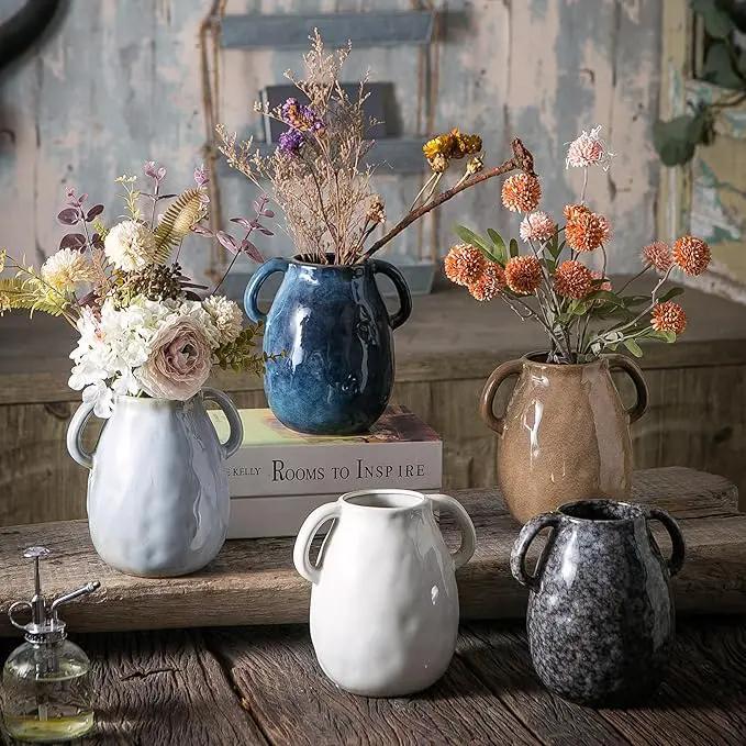 Gray Ceramic Vase with 2 Handles, Modern Farmhouse Decor, Rustic Terracotta Pottery, Decorative Flower Vases, Clay Small Vase, Centerpiece for Dining Table - 7 Inch Tall by GreenHaven Gardens