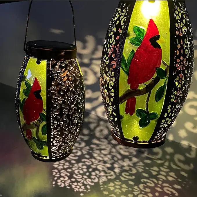 2PCS Cardinal Solar Lanterns Glass & Metal Hanging Light Outdoor Waterproof 16" H Tabletop Lamp with Hollowed-Out Design with Shepherd's Hooks for Garden Patio Table Decor, Green by GreenHaven Gardens