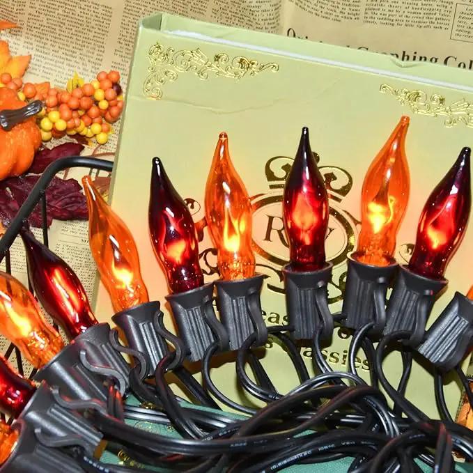 27.78 FT Halloween Ligths, C7 Clear Orange and Purple Flickering Flame String Lights Outdoor, E12 Screw Base, Flame String Lights for Halloween Indoor Outdoor Roofline Garden Patio Party Decorations by GreenHaven Gardens