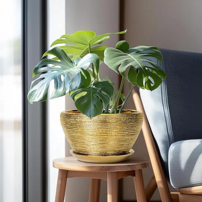 Ceramic Planter 11 Inch - Indoor Plant Pot with Drainage Hole and Saucer Large Planter for Outdoor Plants Mid-Century Decorative Flower Pot for Home Decor Gold by GreenHaven Gardens