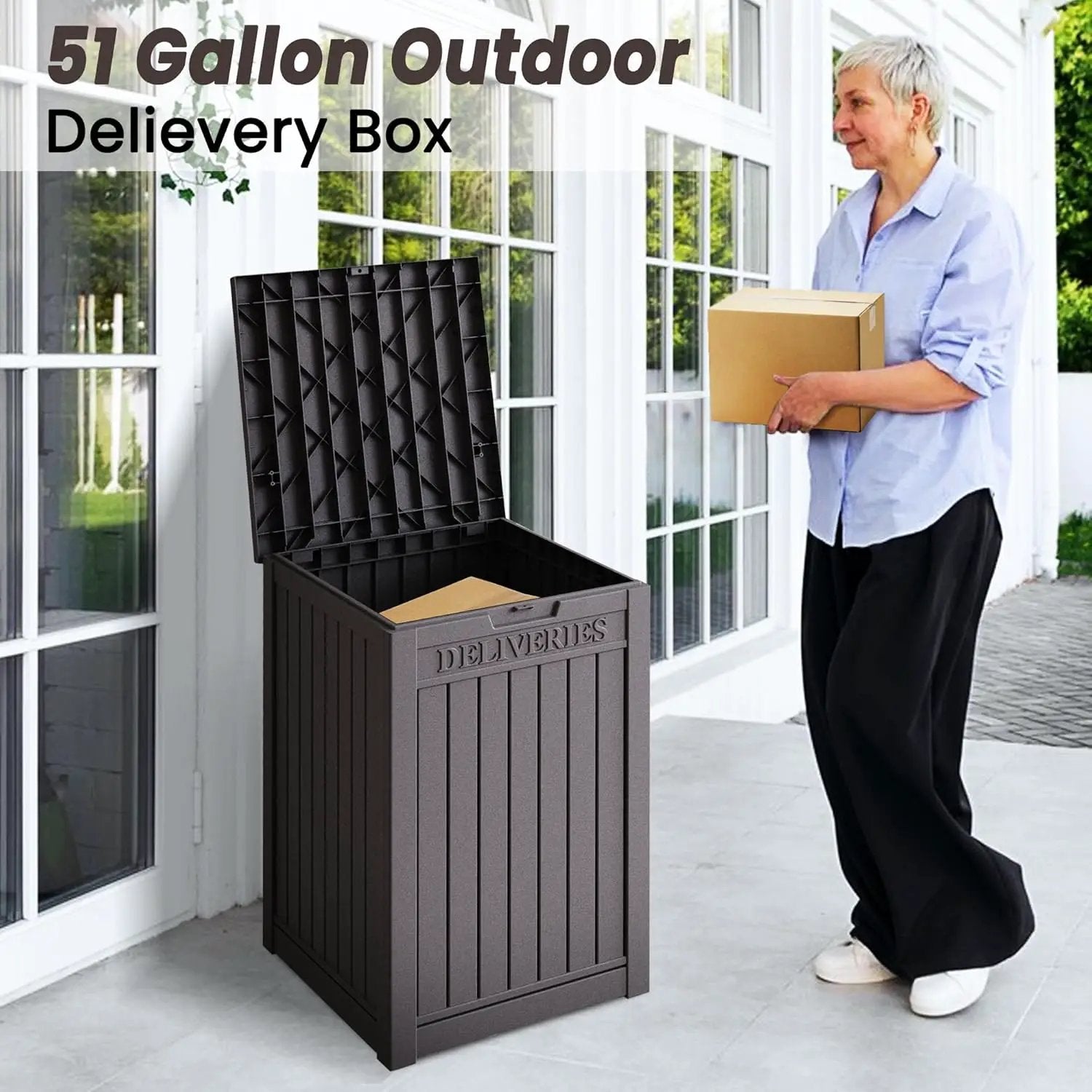 55 Gallon Coffee Resin Deck Box - Lockable, Rust-Resistant Outdoor Storage for Gardens & Patios - Waterproof Bench-Style Box with Handles by GreenHaven Gardens