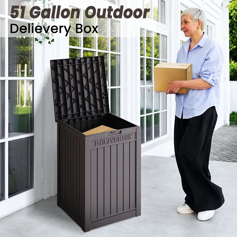 55 Gallon Coffee Resin Deck Box - Lockable, Rust-Resistant Outdoor Storage for Gardens & Patios - Waterproof Bench-Style Box with Handles by GreenHaven Gardens