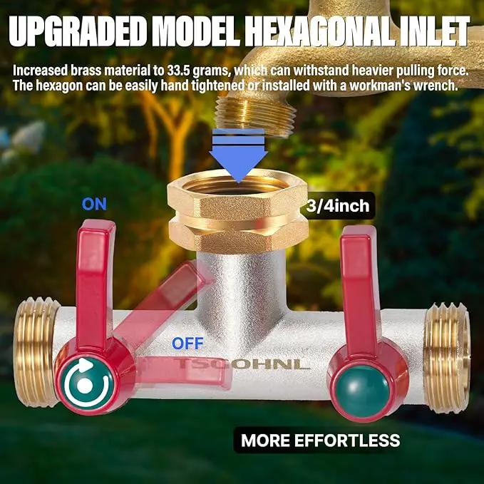 Hose Splitter, 180 Degree T Type Water Hose Splitter, Faucet Splitter 2 way 3/4" GHT Thickened Hexagonal Water Inlet with 2 More Extension Handles by GreenHaven Gardens
