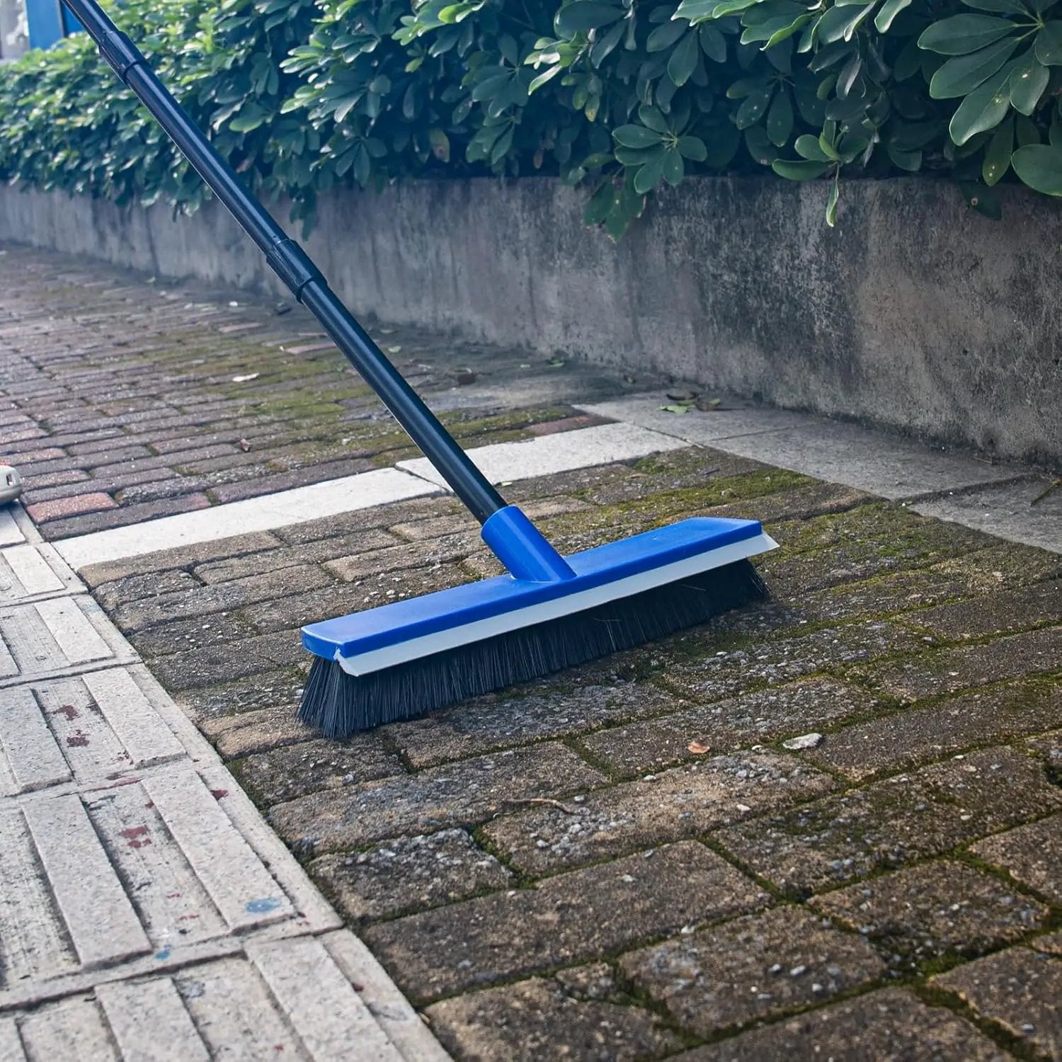 16 Inch Push Broom Outdoor 2 in 1 with Rubber Squeegee and Stiff Bristle Deck Brush 58" Long Handle for Deck Patio Garage Warehouse Driveway Concrete Floor Cleaning Scrubbing(Blue) by GreenHaven Gardens