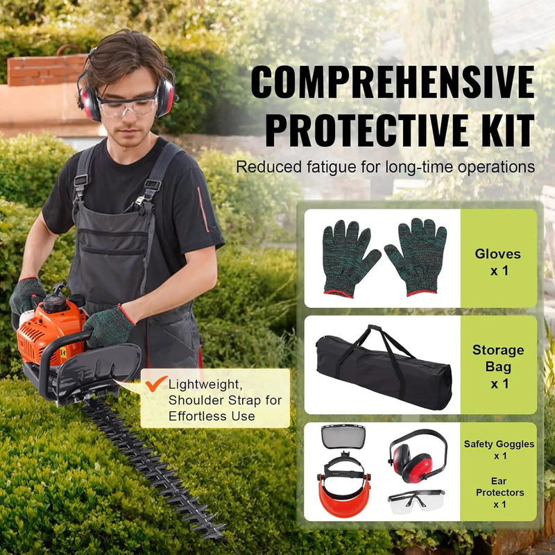 VEVOR Gas Hedge Trimmer 2 Cycle, 23.2-Inch 26cc Dual Sided Blade, Handheld, Lightweight, EPA, CE, EMC Certified, Ideal for Trimming Shrubs and Bushes, Includes Blade Cover, Gloves and Ear Protectors by GreenHaven Gardens