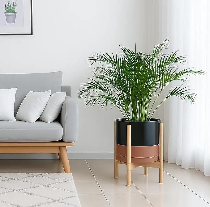 D'vine Dev Ceramic Planter with Natural Stand - 12 Inch Modern Round Flower Pot with Wood Planter Holder, Black/Speckled Tan, 55-B-J-7 by GreenHaven Gardens