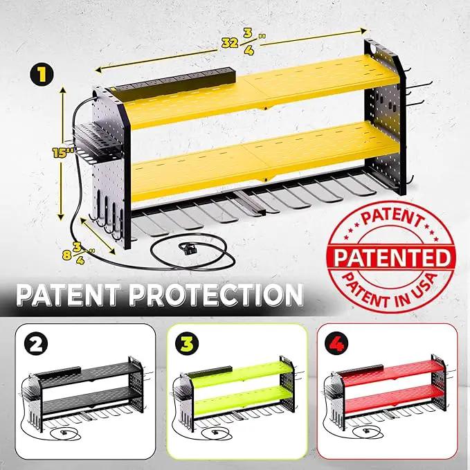 KAFAHOM Power Tool Organizer with Charging Station, Built in 8 Outlet Power Strip,Large 8 Drill Holder Wall Mount, Heavy Duty Metal Power Tool Storage Rack Tool Shelf for Garage Organization Yellow by GreenHaven Gardens