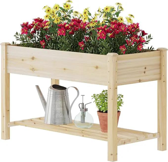 GHWIE Raised Garden Bed with Shelf,Elevated Wooden Planter Box with Legs,Garden Planter for Backyard, Patio, Balcony,200lb Capacity - Natural by GreenHaven Gardens