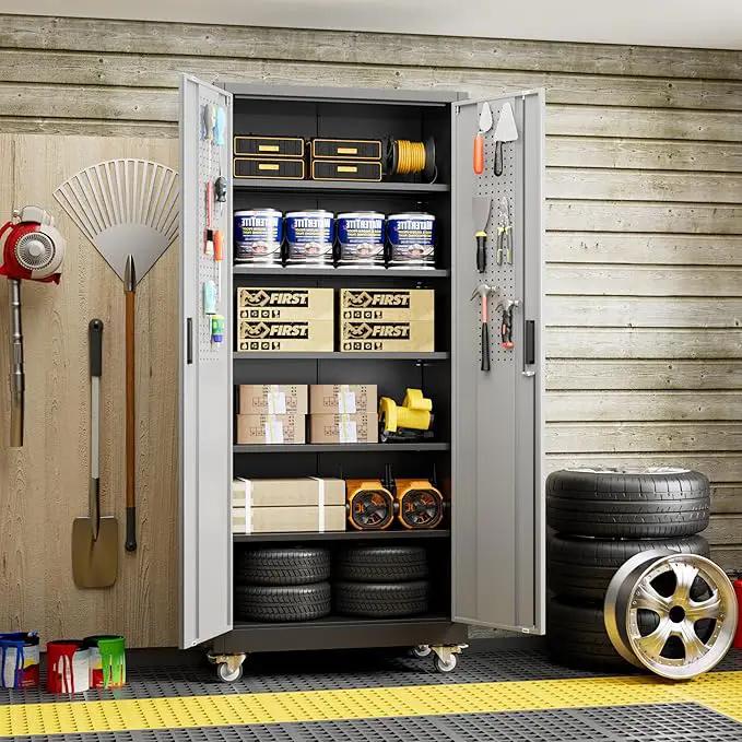 71" H×32" W×16" D Garage Storage Cabinet with Wheels & Pegboard, Locking Metal Storage Cabinet with Doors and 5 Adjustable Shelves & & 4 Hooks for Garage Warehouse Home Office, Black and Gray by GreenHaven Gardens