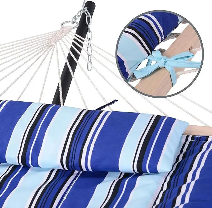 SUNCREAT Double Hammock with Stand, Two Person Cotton Rope Hammock, Blue Stripe by GreenHaven Gardens