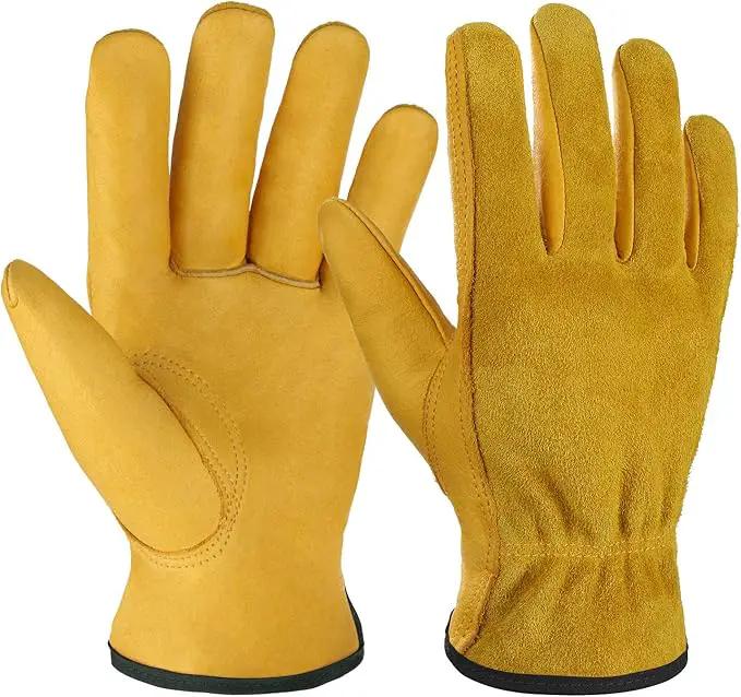 OZERO Leather Work Gloves Flex Grip Tough Cowhide Gardening Glove for Wood Cutting/Construction/Truck Driving/Garden/Yard Working for Men and Women 1 Pair (Gold,Small) by GreenHaven Gardens