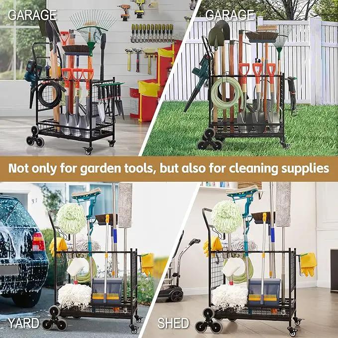 Lauren&Harold Garden Tool Organizer for Garage, Yard Tools Storage Rack with 2 Stair-Climbing Wheels, Gardening Tool Storage Holder for Garage, Yard, Lawn and Outdoor, Garden Tool Rolling Cart by GreenHaven Gardens