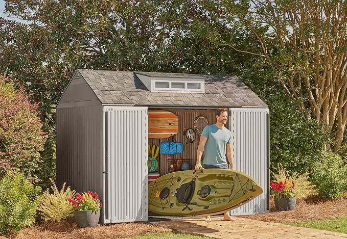 Rubbermaid Extra Large Resin Outdoor Storage Shed With Floor (7 x 10.5 Ft.) Weather Resistant Brown Organization for Home/Lawn Mower/Backyard Equipment/Bike Storage/Pool Supplies by GreenHaven Gardens