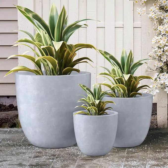Kante 18",14",10" Dia Concrete Round Planters (Set of 3), Outdoor Indoor Large Planter Pots with Drainage Hole and Rubber Plug for Home Patio Garden, Slate Gray by GreenHaven Gardens