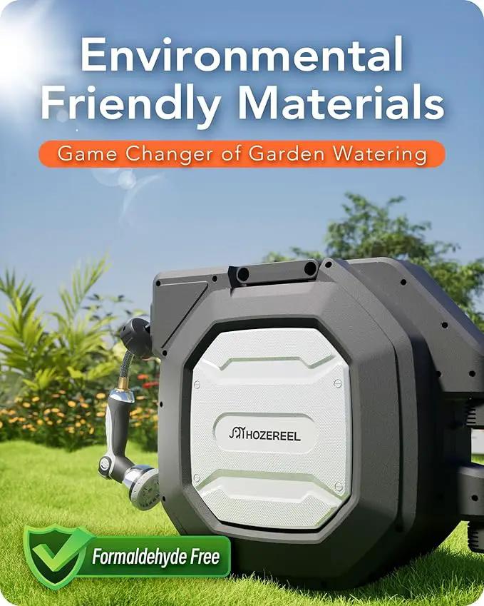 5/8" x 100 ft Heavy Duty Retractable Garden Hose Reel by HOZEREEL, Outdoor Garden Hose Reels - Self Retract Wall Mount Hose Reel Automatic Storage, Any Length Lock, 10 Pattern Nozzle by GreenHaven Gardens