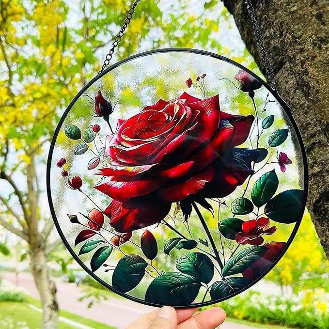 RIVEENY Red Rose Stained Glass Window Hanging,8" Valentines Day Rose Gifts for Wife Girlfriend,Birthday Gift for Women, for Mom Grandma Aunt Sister by GreenHaven Gardens