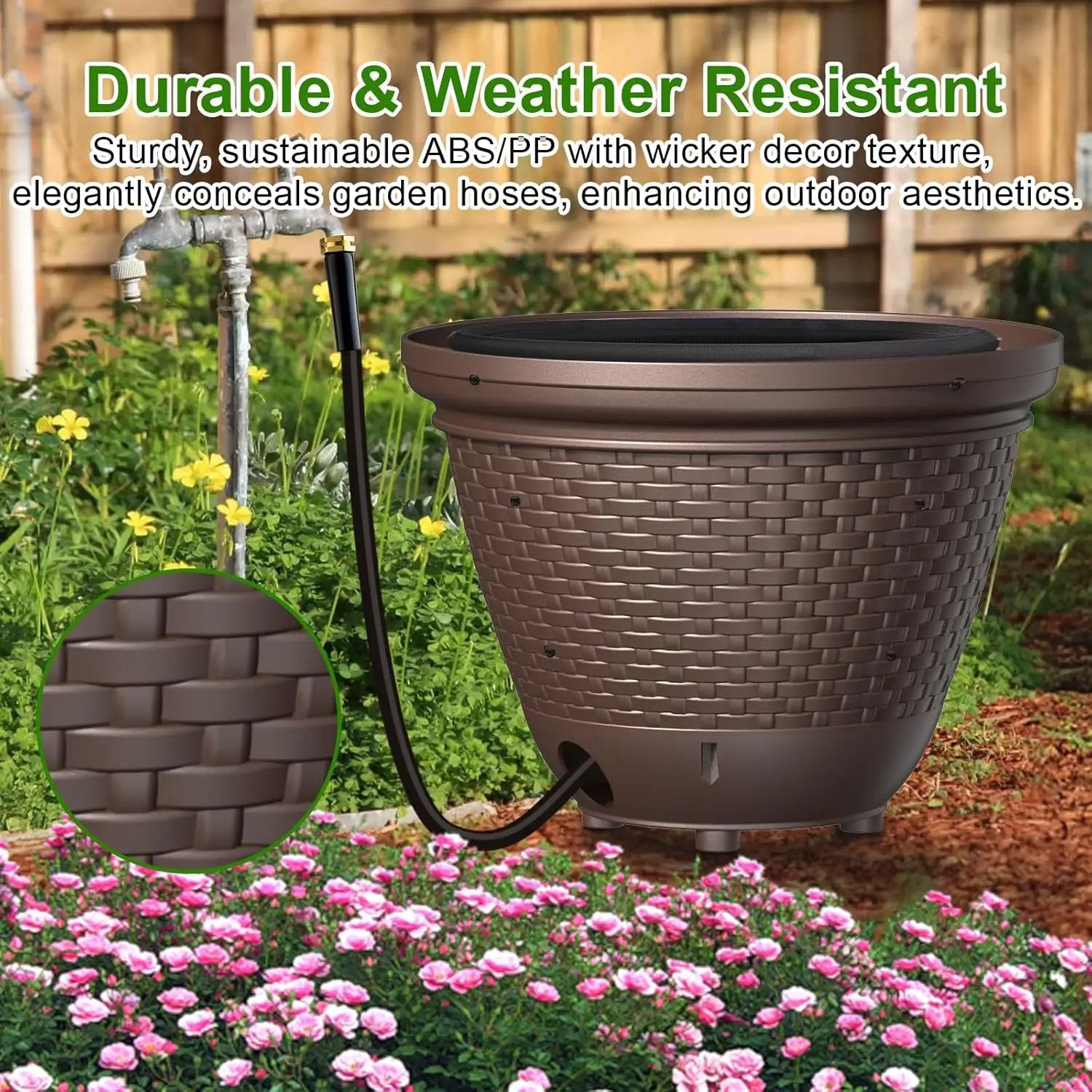 Riokko Garden Hose Holder Pot, Decorative Wicker Hose Holder, Water Hose Storage for Outside/Garage, Hose Box Fits 100-400 FT Hoses with 5 Drain Holes, Large Capacity & Assembly Required, Java by GreenHaven Gardens