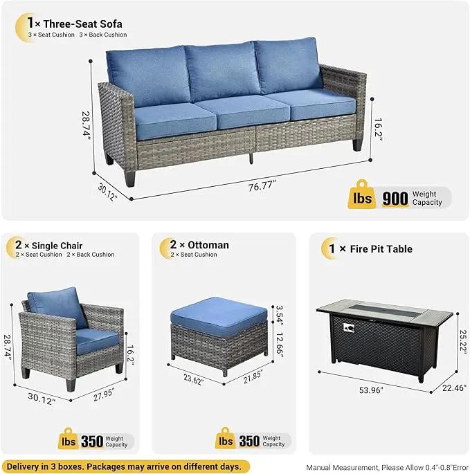 ovios 6 Pieces Patio Furniture Set with 54" Fire Pit Table, Outdoor Wicker Sofa with Comfy Cushions, All Weather High Back Rattan Couch Conversation Set, Denim Blue by GreenHaven Gardens
