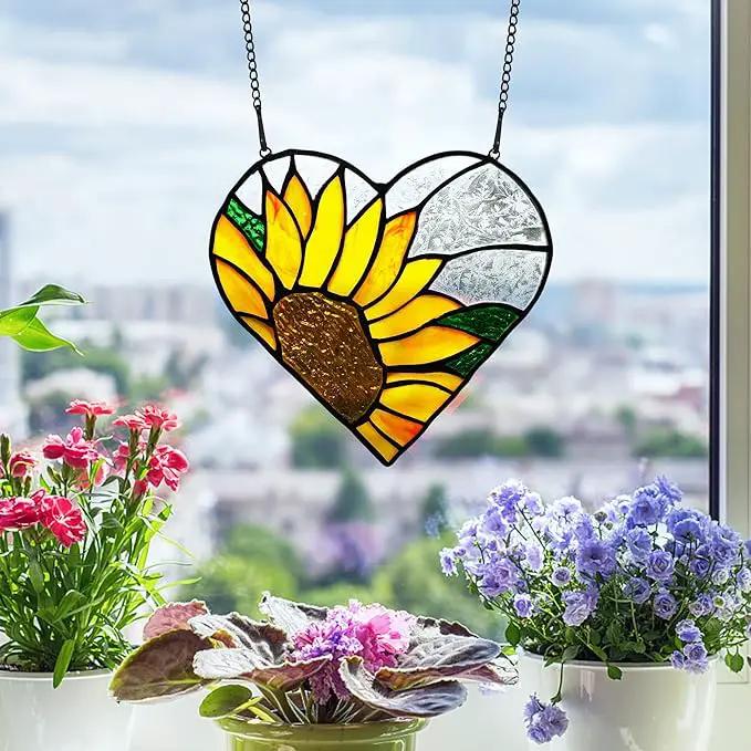 BOXCASA Sunflower Stained Glass Window Hangings,Sunflower Stained Glass Suncatcher,Heart Shape Sunflower Best Teacher Gifts for Women Birthday,Sunflower Decoration for Home Indoor Window by GreenHaven Gardens