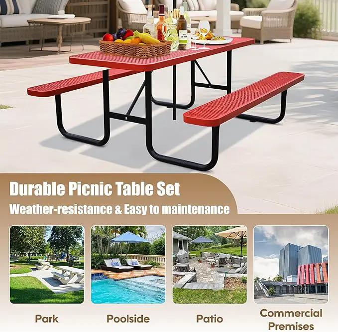 4FT Metal Picnic Tables for Outdoors, Commercial Rectangular Picnic Table and Bench Set for Outside, Patio, Garden, Backyard, Porch, Surface Mount, Red by GreenHaven Gardens