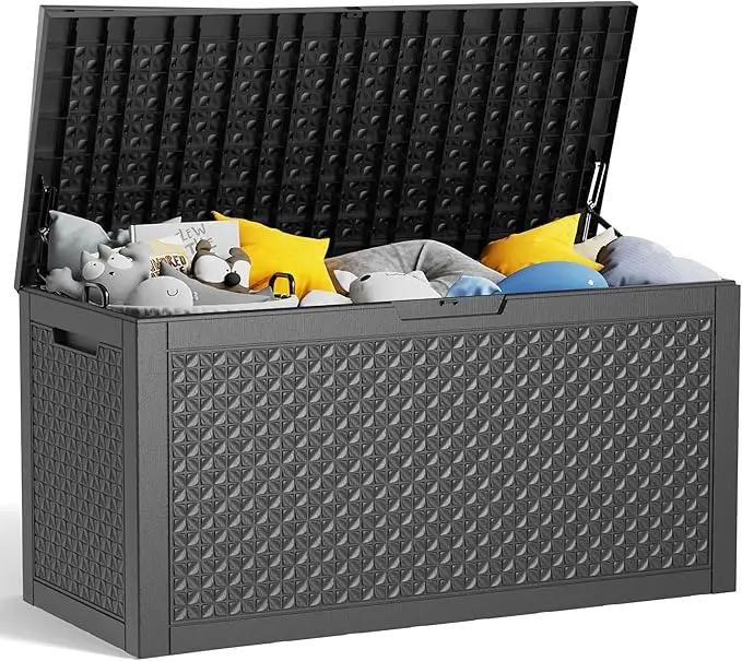 100 Gallon Resin Deck Box, Lockable Patio Outdoor Storage Box for Furniture, Garden Tools and Tools Storage, Waterproof Outside Storage Boxes - Patterned black by GreenHaven Gardens