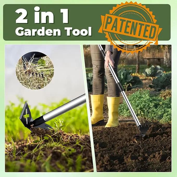 Weed Puller Tool with Long Handle - 60" Manual Weeder Remover Tool, 2 in 1 Hand Weed Rake and Garden Hoe for Gardening, Heavy Duty Uprooting Weeding Pull for Yard, Lawn, Patio and Garden by GreenHaven Gardens