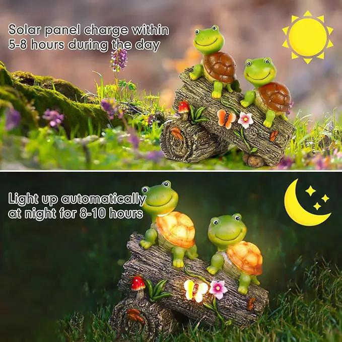 Garden Turtle Figurines Outdoor Decorations, Solar Powered Sweet Frog Face Turtles Resin Statue with 4 LED Lights, Garden Art Spring Fall Winter Christmas Decor for Patio Lawn Yard by GreenHaven Gardens