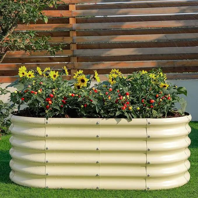Land Guard 18“ Tall Outdoor Metal Raised Garden Bed, Oval Deep Root Planter Box for Vegetables, Flowers, Herbs, 89 Gallon Capacity - Cream Yellow by GreenHaven Gardens