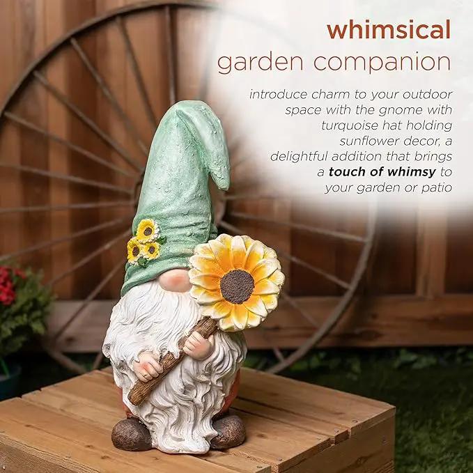 Alpine Corporation MCC842 Indoor/Outdoor Gnome Holding Sunflower Garden Statue, Charming Gnome Statue w/Hat, 21" H, Turquoise by GreenHaven Gardens