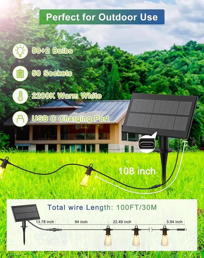 Solar String Lights Outdoor Waterproof 100FT with USB Port and 52 Shatterproof ST38 Bulbs(2 Spare), LED Solar Powered Patio Lights for Outside, Porch, Backyard, Gazebo, Garden(Warm White) by GreenHaven Gardens