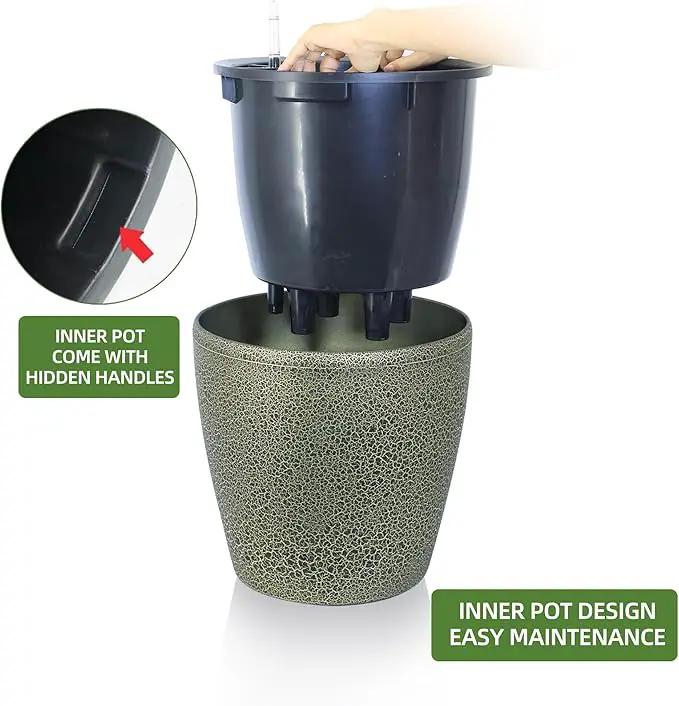 Dexceder 13x12 Self Watering Planter with Wheels Indoor Outdoor, Inner Pot Design, Thickened Large Floor Standing Flower Plant Pot with Water Level Indicator (Black Gold Crackle) by GreenHaven Gardens