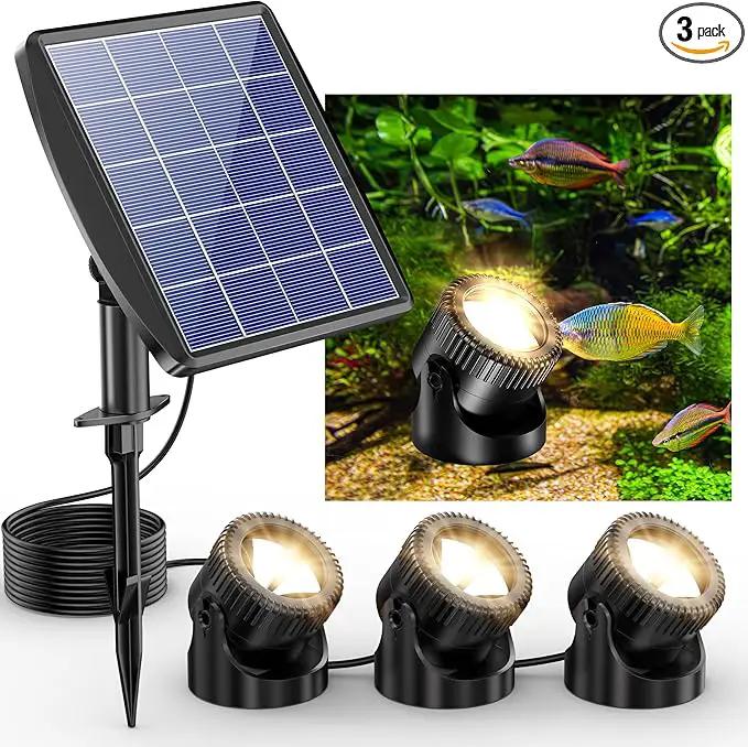 POPOSOAP Solar Pond Lights, 3-in-1 Warm White Underwater Pond Lights, IP68 Waterproof LED Landscape Spotlights for for Pond, Garden, Patio, Fountain, Pool, Waterfall Decoration(3 Head Lamp) by GreenHaven Gardens