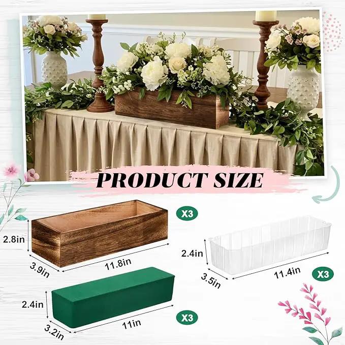 Dandat 3 Set Wood Boxes for Centerpieces Rectangle Wooden Planter Box Rustic Wood Planter with Removable Plastic Liner Floral Foam Blocks for Centerpieces Home Wedding Garden Decor (12x4 Inch) by GreenHaven Gardens