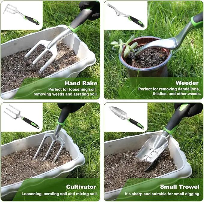 Garden Tool Set with Non Slip Rubber Grip,8 Piece Stainless Steel Gardening Tool Sets,Heavy Duty Outdoor Hand Tools Durable Storage Tote Bag,Uprooting Weeding Tool, Gifts for Women Men Green by GreenHaven Gardens