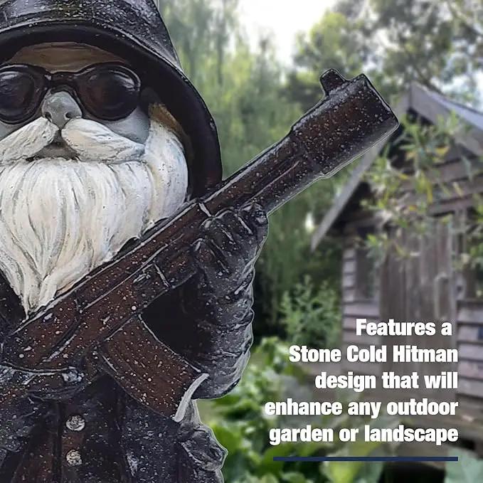 Better Office Products Garden Gnome Statue, 8" Height, Handcrafted Waterproof, UV-Resistant Polyresin Lawn Patio Porch Ornament Decoration (Stone Cold Hitman) by GreenHaven Gardens