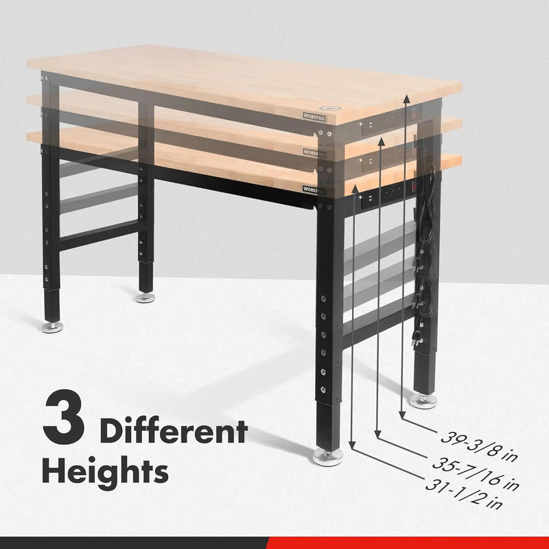 WORKPRO 48" Adjustable Workbench, Rubber Wood Top Heavy-Duty Workstation, 2000 LBS Load Capacity Hardwood Worktable with Power Outlets, for Workshop, Garage, Pack of 2 by GreenHaven Gardens