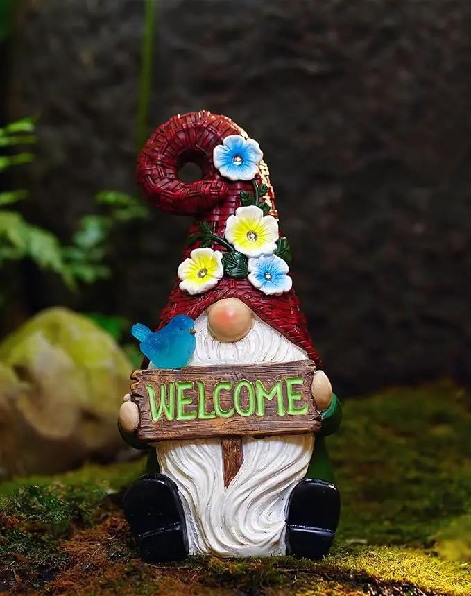 Goodeco Sitting Gnome with Welcome Sign - Garden Gnomes Outdoor with Solar Bird & LED Lights, Ideal Gifts for Mom or Women, Housewarming Gnome Decorations by GreenHaven Gardens