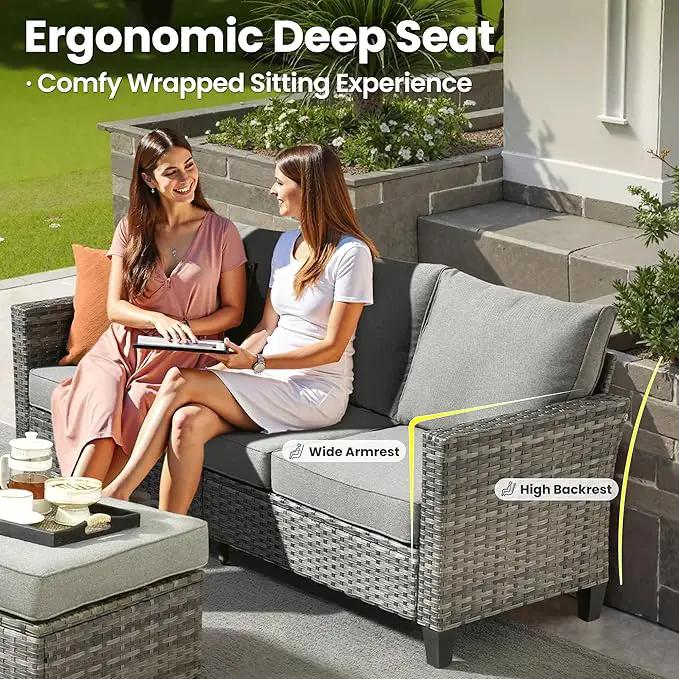 ovios 7 Pieces Patio Furniture Set with 54" Fire Pit Table, Outdoor Wicker Sofa with Comfy Cushions, All Weather High Back Rattan Couch Conversation Set, Dark Grey by GreenHaven Gardens