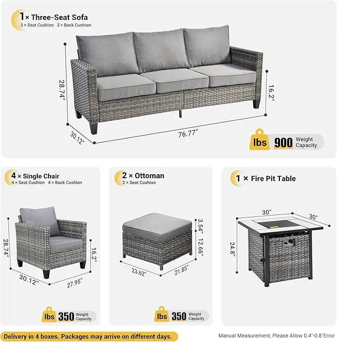 ovios 8 Pieces Patio Furniture Set with 30" Fire Pit Table, Outdoor Wicker Sofa with Comfy Cushions, All Weather High Back Rattan Couch Conversation Set, Dark Grey by GreenHaven Gardens