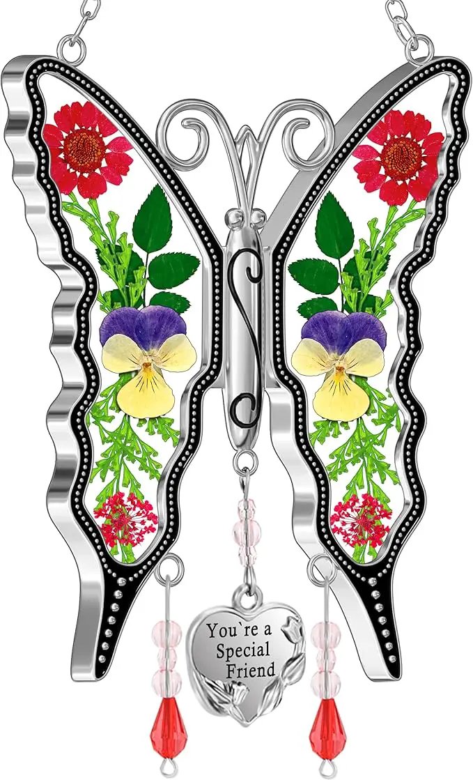 KY&BOSAM Butterfly Suncatcher You`re a Special Friend Gift Glass Suncatchers for Window Hanging Wind Chime Ornament with Pressed Real Flower and Heart Charm Birthday Gift for Mother`s Day Valentine`s by GreenHaven Gardens