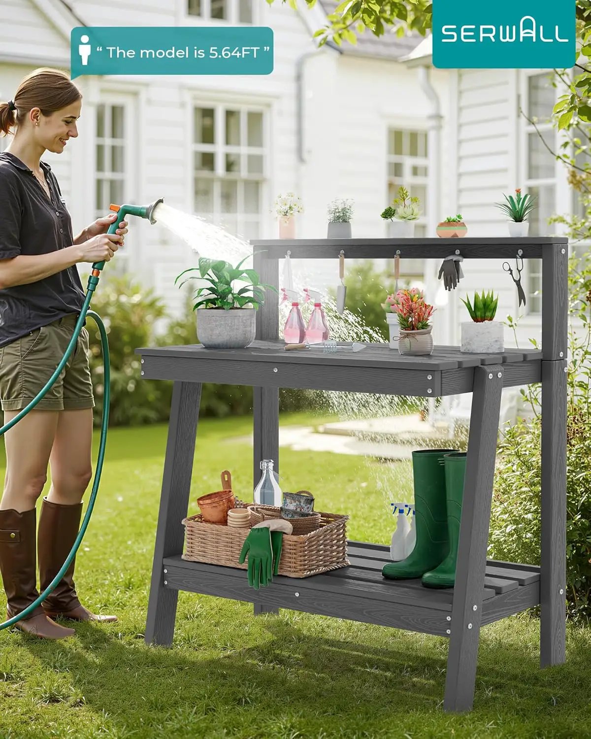 SERWALL Potting Bench Outdoor with Storage Set of 2, 3-Tier HDPE Gardening Table with Angled Legs & Tool Hooks, All-Weather Heavy Duty Potting Table for Patio, Backyard, Garden, Gray by GreenHaven Gardens