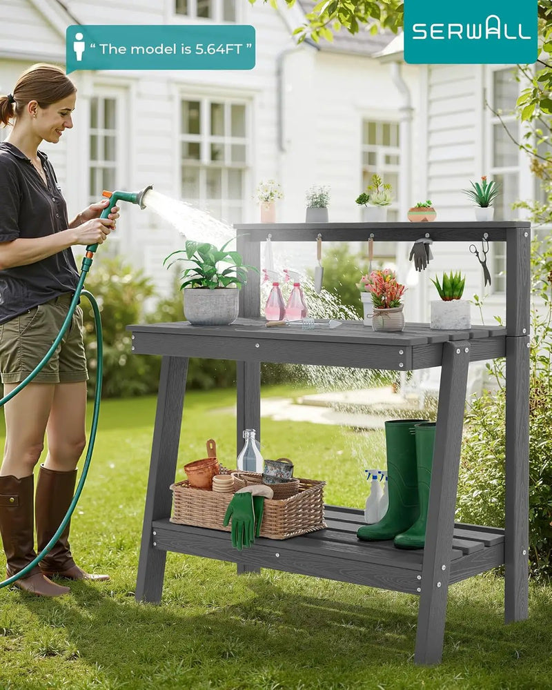 SERWALL Potting Bench Outdoor with Storage Set of 2, 3-Tier HDPE Gardening Table with Angled Legs & Tool Hooks, All-Weather Heavy Duty Potting Table for Patio, Backyard, Garden, Gray by GreenHaven Gardens
