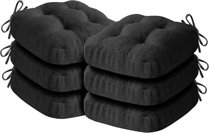 Chair Cushions for Dining Chairs, Dining Chair Cushions, Tufted Indoor Chair Pads with Ties & Non Slip Backing, Seat Cushions for Kitchen Chairs 16.5” x 16.5” x 3.5”, Set of 6, Black by GreenHaven Gardens