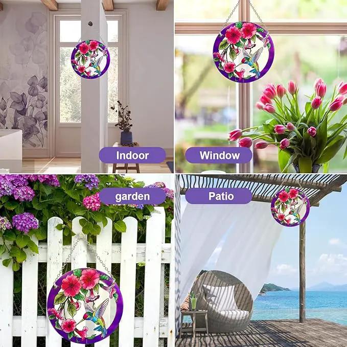 Stained Glass Window Hanging, Hummingbird Gifts for Women, Bird and Flowers Suncatcher for Window, 6" Purple Stained Glass Suncatchers, Hand Painted Glass for Birds Lover (6 inch) by GreenHaven Gardens