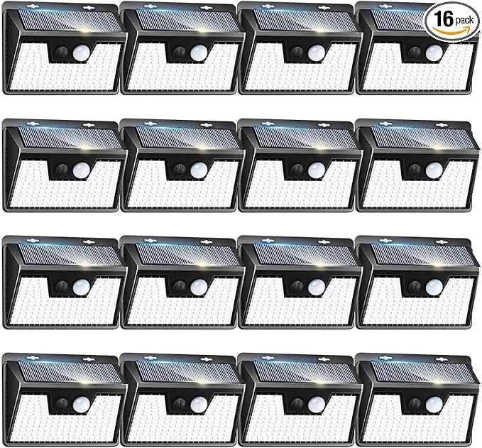 Peasur Solar Powered Lights Outdoor, 140LED 16Pack Motion Sensor Light Outside, IP65 Waterproof Fence Security Lighting with 3 Modes for Yard Wall Garden Cool White by GreenHaven Gardens