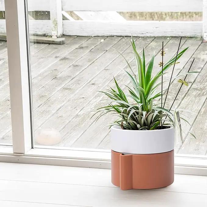 8 Inch Self-Watering Planter Pot with Terracotta Insert, Deep Water Reservoir, and Ceramic-Alike BPA-Free Plastic Planter Pot for Plant, Modern Planter for Houseplants, Terracotta/White, 53-B-T-6 by GreenHaven Gardens