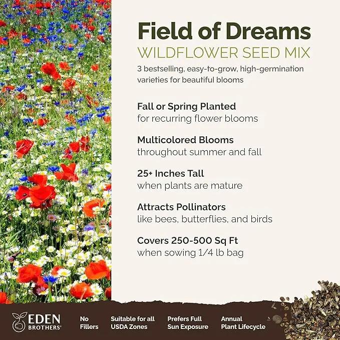Eden Brothers Field of Dreams Flower Mixed Seeds for Planting, 1/4 lb, 120,000+ Seeds with German Chamomile, Cornflower | Attracts Pollinators, Plant in Spring or Fall, Zones 3, 4, 5, 6, 7, 8, 9, 10 by GreenHaven Gardens