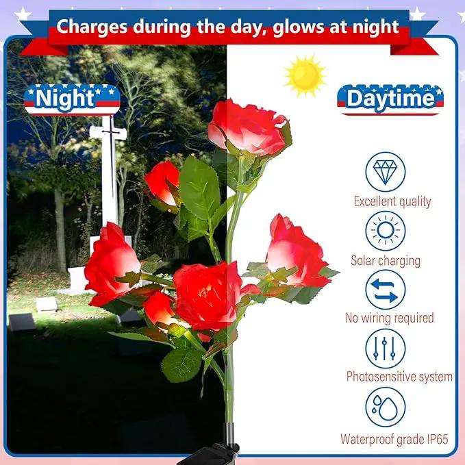 Woanger 4 Pcs Solar Flowers Cemetery Grave Decorations Outdoor LED Flower Lights with 6 Rose Powered Garden Stake Lights Waterproof for Independence Day Grave Decorations (Red, Blue) by GreenHaven Gardens