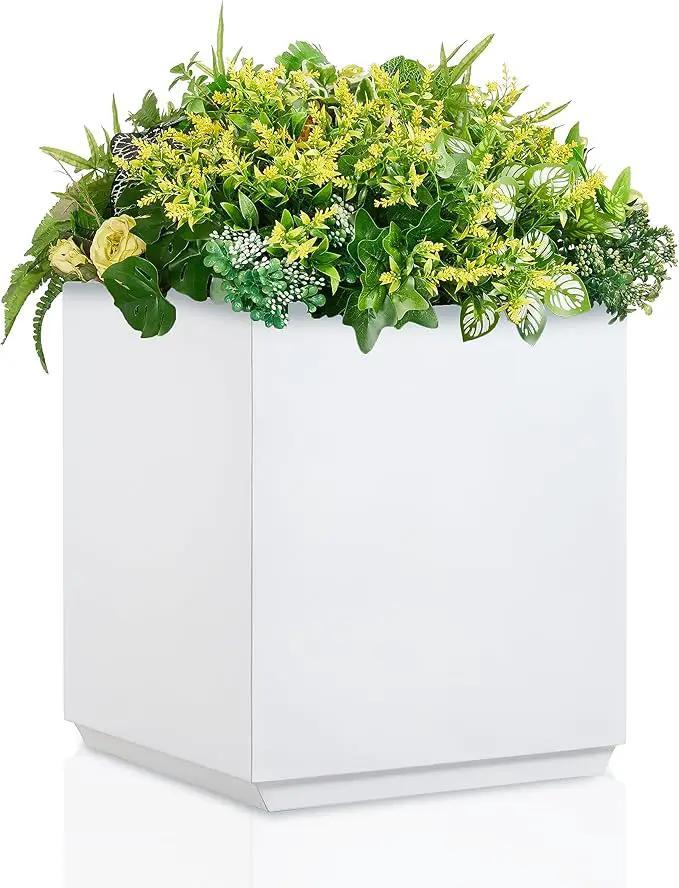 Metallic Heavy Cube Square Planter, No Assembly Required, Seamless Large Outdoor Planter, Tall Plants and Flowers 17'Lx17'Wx20'H 24lbs White by GreenHaven Gardens